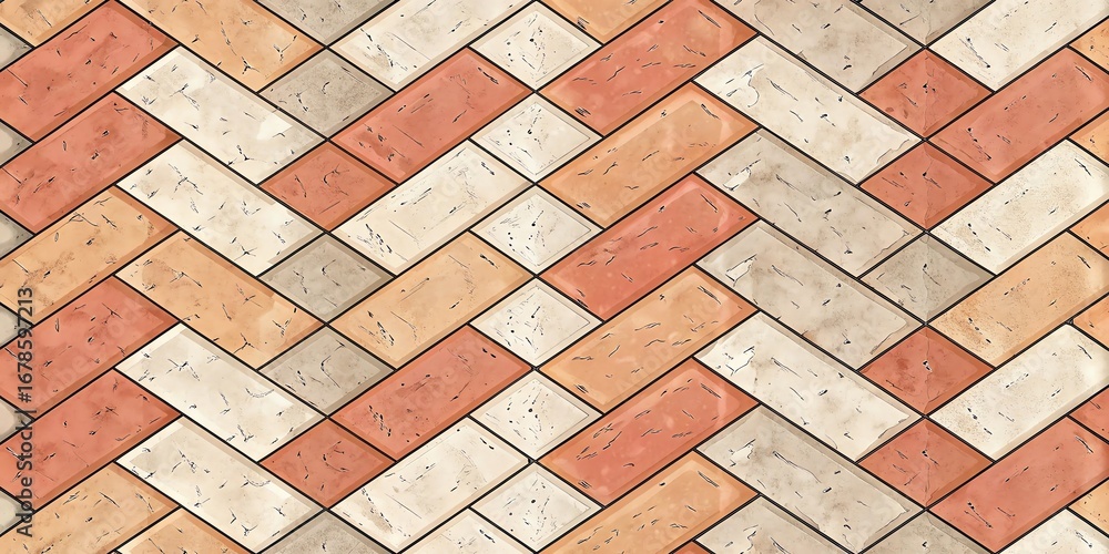 Poster seamless pattern of interlocking rectangular paving stones in a herringbone brickwork arrangement wi