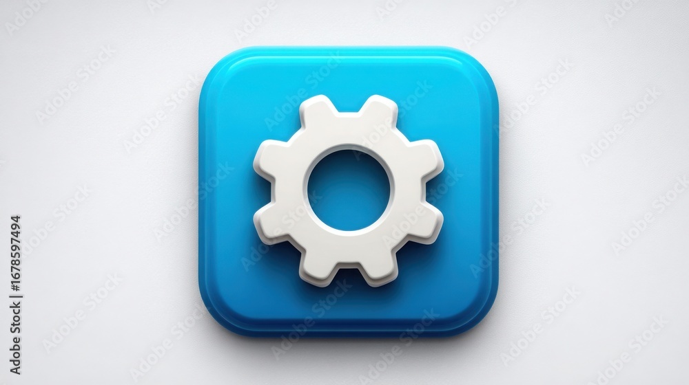 Poster blue button with white gear wheel icon representing mobile app integration and functionality in mode