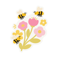 Vector art of bees flying around flowers on sticker