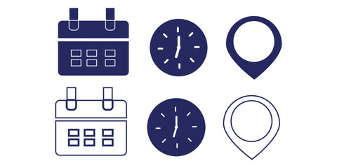 Time date address icon set collection vector illustration. Event icons vector. Location, Calendar & clock icon. Clock, pin map location, and calendar signs set. Business schedule icons clock calendar.