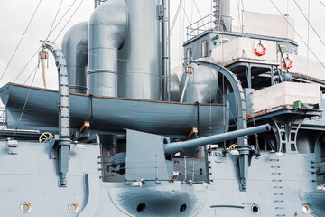 Cruiser Aurora, Neva River. The photo shows the cruiser Aurora, moored at the embankment. Russia. St. Petersburg, August 16, 2025.