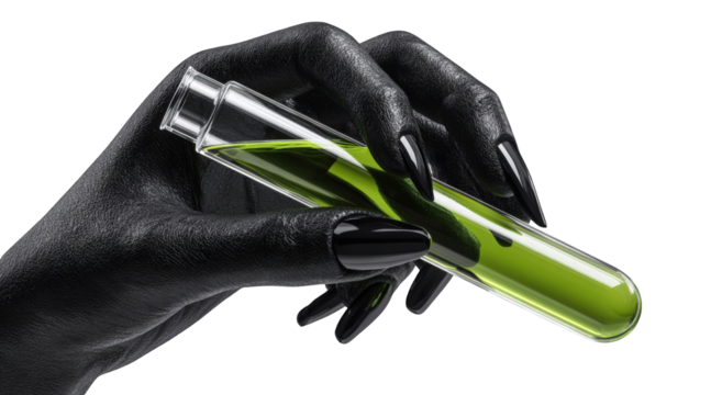 Black hand holding a test tube with green liquid