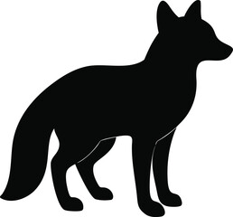 Black silhouette of a fox standing alertly with its tail curled forward and ears perked high silhouette