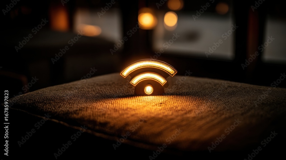 Poster glowing light on table representing connectivity and modern technology with wifi wave symbolizing co