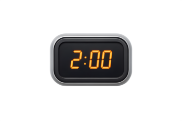 Close up of digital alarm clock displaying 2:00, photorealistic, on white background.