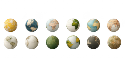 Collection of earth globes displayed on transparent png background