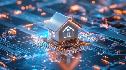 House model on circuit board in futuristic indoor setting