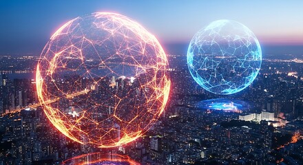 Futuristic glowing orbs of light hovering above a dazzling cityscape at dusk