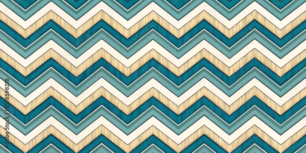 Poster abstract chevron pattern with textured teal white and gold stripes creating a vibrant and dynamic ba