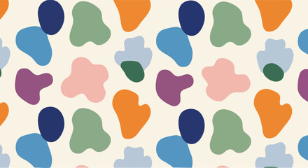 Abstract seamless pattern with pastel organic shapes, colorful blobs, and a minimalist design.
