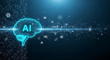 Futuristic glowing ai brain with digital data streams and binary code on a dark background