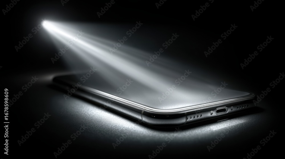 Poster cell phone emitting light from back representing innovative app campaigns and enhanced user interact