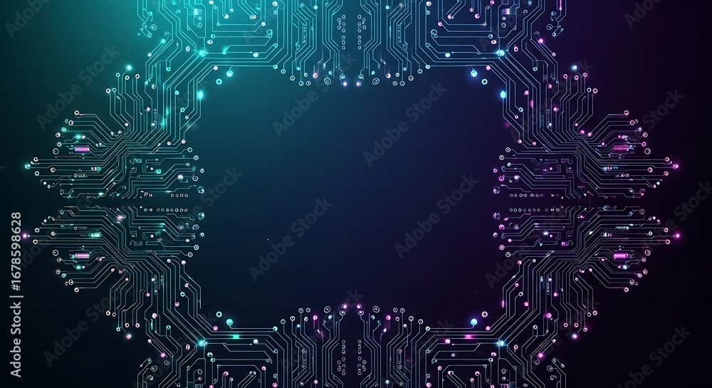 Aufkleber circular circuit board pattern with glowing neon lines on a dark technological background