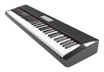 A sleek, modern black digital piano, a professional electronic keyboard musical instrument, shown in a high-angle view, Isolated on Transparent and White Background