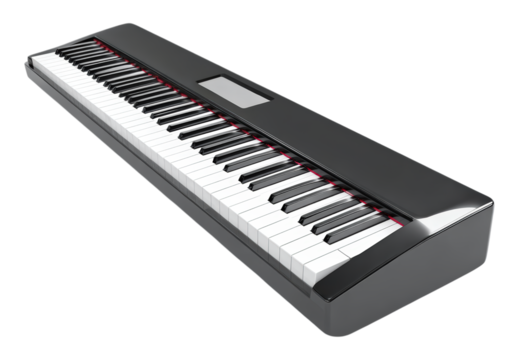 A sleek, modern black digital piano, a professional electronic keyboard musical instrument, shown in a high-angle view, Isolated on Transparent and White Background