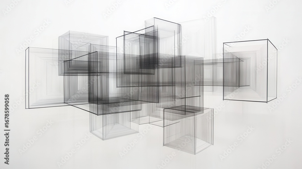 Poster abstract sculpture of intersecting wireframe cubes in gallery
