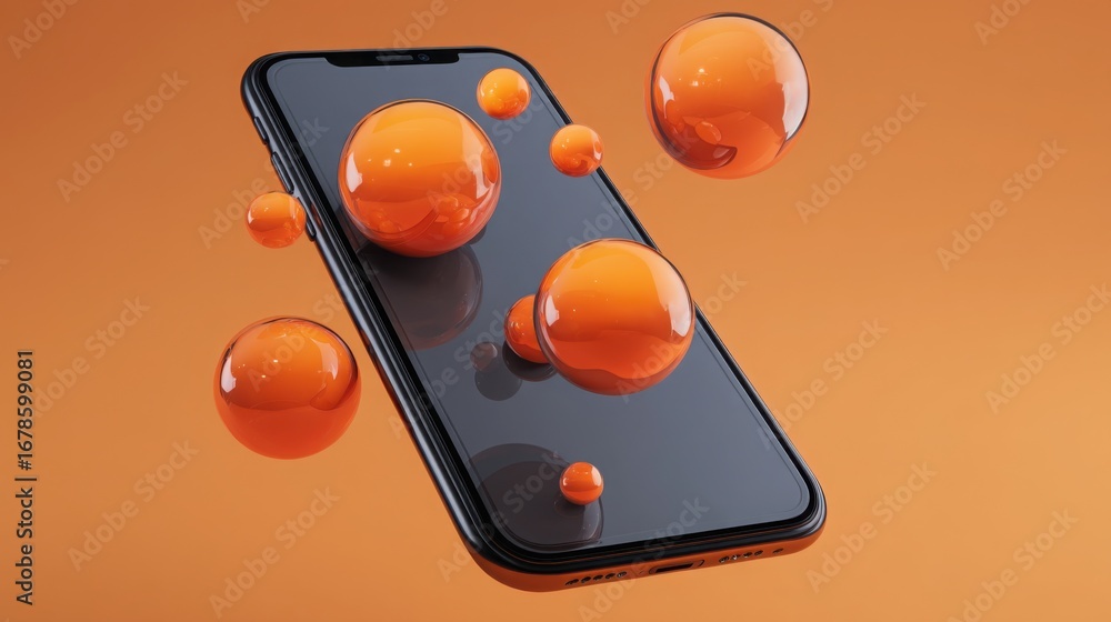 Aufkleber cellular structure with orange spheres emanating from inside, representing dynamic activity and scie