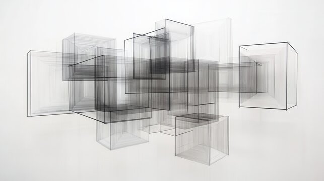 Abstract sculpture of intersecting wireframe cubes in gallery