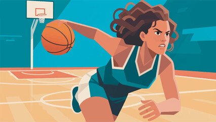 Illustration of Woman Playing Basketball Design Template with Court Background © BedRoses