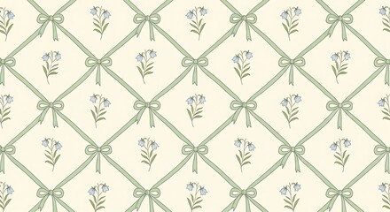 Fototapeta premium Charming vintage floral pattern with delicate bows and a diamond rope trellis background