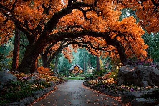 Enchanting autumn path leads to a cozy cabin in a vibrant forest fall house