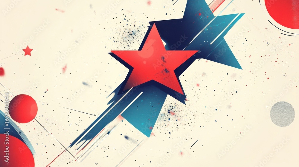 Poster Abstract design with red and blue stars and dynamic splatters