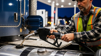 Obraz premium Truck Driver Refueling Semi-Truck at Gas Station