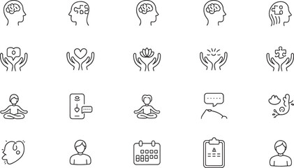 Mental Health and Wellness Icons Set on White Background vector illustration