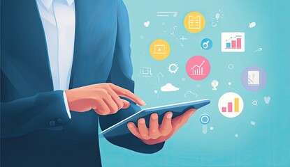 Businessperson uses tablet with data icons