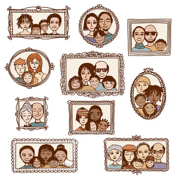 Hand drawn diverse family portraits in cute doodle frames