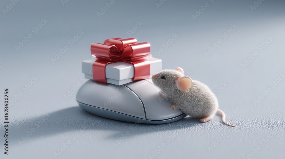 Poster cute mouse holding a gift with pointer pressing icon for call to action reward concept in digital en