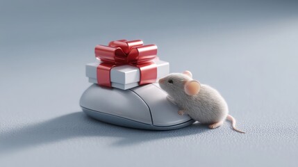 Cute mouse holding a gift with pointer pressing icon for call to action reward concept in digital environment