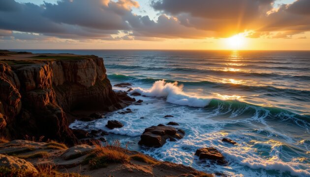 Coastal cliff overlooking vast ocean, waves crashing against jagged rocks below