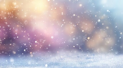 Obraz premium A soft snowfall creates a dreamy winter scene with blurred colorful lights in the background. The ground is covered in a light dusting of snow.