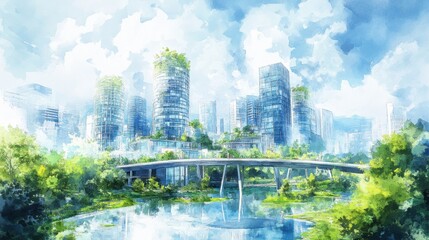 Serene cityscape with modern buildings and bridge over river