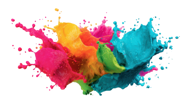 Vibrant colorful paint splashes against a black background