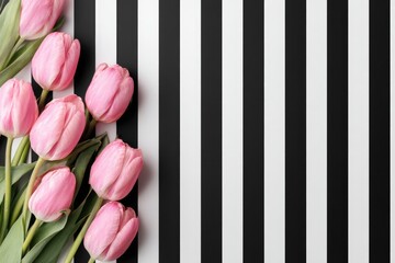 Pink tulips on a black and white striped background