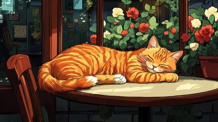 A chubby tabby cat curled up on a table by the window in a cozy cafe. cartoon style,