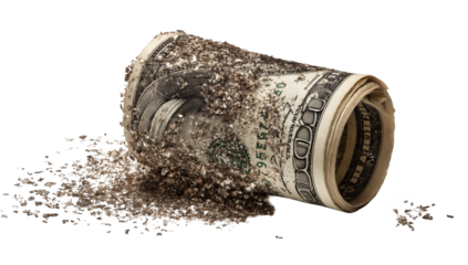Rolled-up money covered in debris
