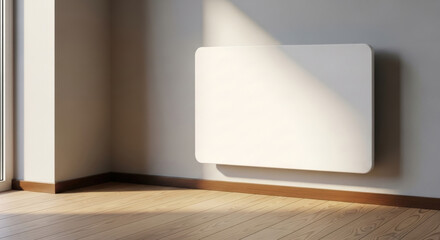 Minimalist interior with modern flat infrared heating panel mounted on wall, warm sunlight on wooden floor, sustainable home energy. World Habitat Day, World Energy Efficiency Day