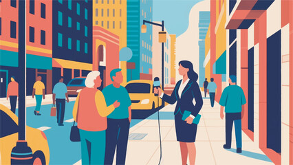 Illustration of Journalist Interviewing a Citizen Design Template with City Sidewalk Background © BedRoses
