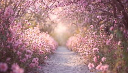 Obraz premium Tranquil Flower Garden Pathway At Sunset Under Warm Glow