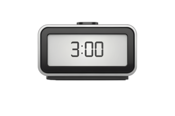 Close up of digital alarm clock displaying 3:00, photorealistic, on white background.