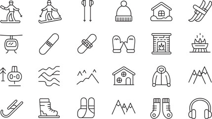 Obraz premium Winter Sports Skiing Snowboarding Cabin Fireplace and Clothing Icons ski poles winter hat