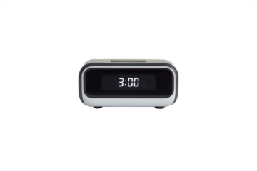 Close up of digital alarm clock displaying 3:00, photorealistic, on white background.