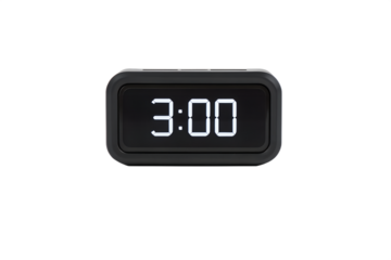 Close up of digital alarm clock displaying 3:00, photorealistic, on white background.