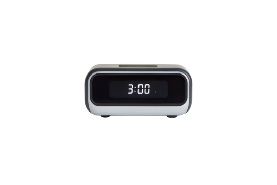 Close up of digital alarm clock displaying 3:00, photorealistic, on white background.