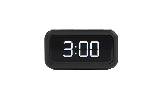 Close up of digital alarm clock displaying 3:00, photorealistic, on white background.