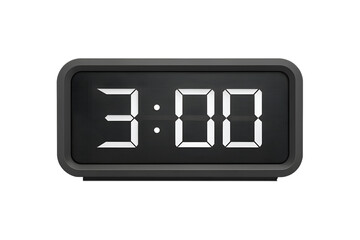 Close up of digital alarm clock displaying 3:00, photorealistic, on white background.