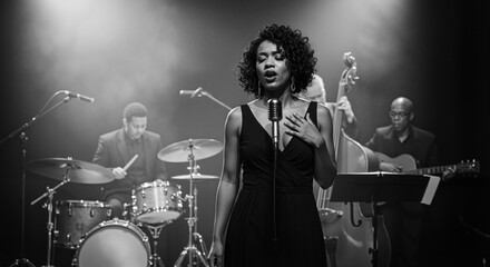 Heartfelt performance of African American female jazz singer in classic black evening dress amid dramatic foggy spotights with trio on stage. International Jazz Day, World Music Day. Monochrome
